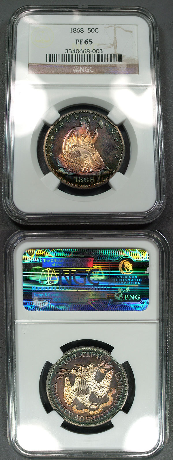 1868 50c NGC PF65 Beautiful Near Cameo Toned Proof Seated Half  